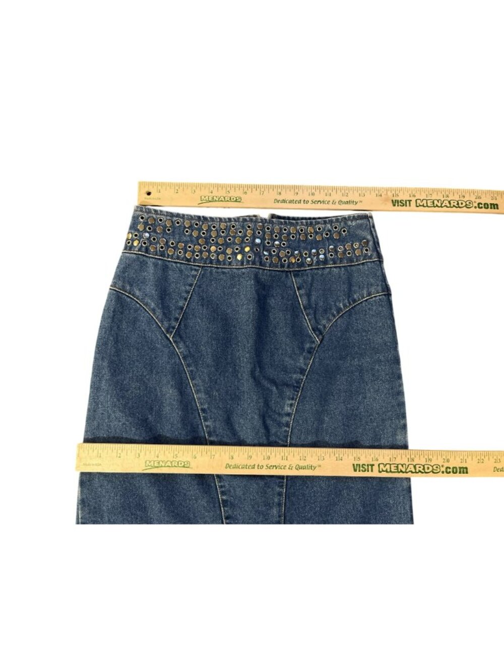 Vintage Made In The Shade Denim Skirt Gold Studded Waist USA Womens 5 Used - Picture 10 of 16